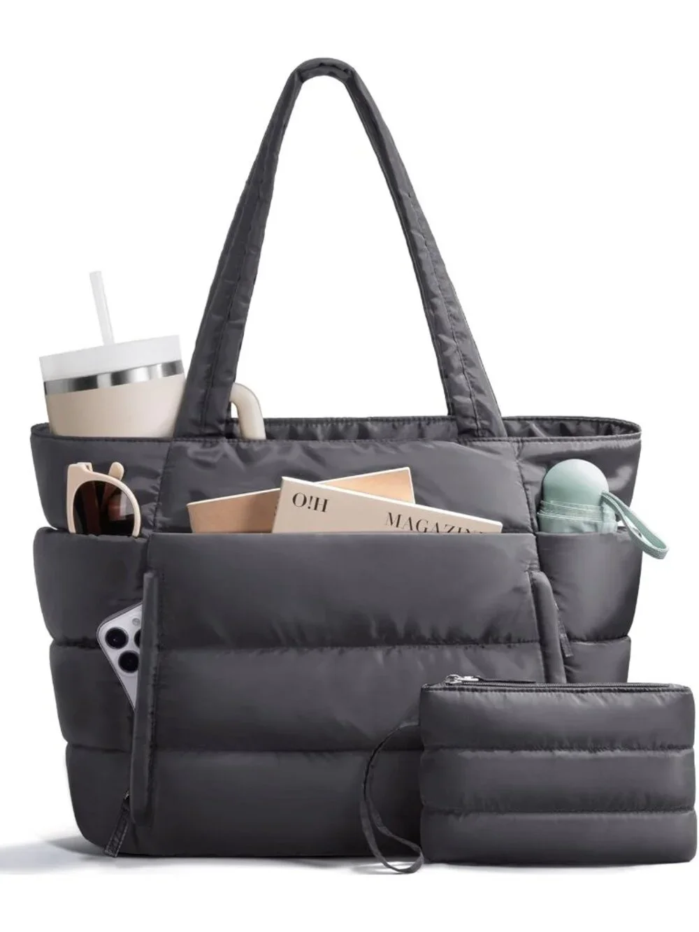 👜Women's Charcoal Gray Puffer Tote Bag 16 Pocket Work Gym Travel Laptop Handbag